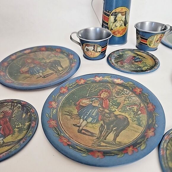 Children's Tin Litho Complete Tea Set of 4 Little Red Riding Hood Reproduction - Picture 3 of 11